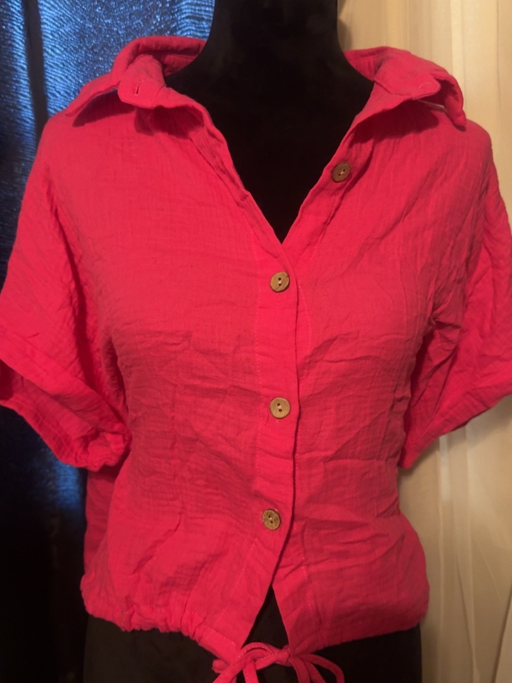 SHEIN Hot Pink Button-Front Short Sleeve Drawstring Top